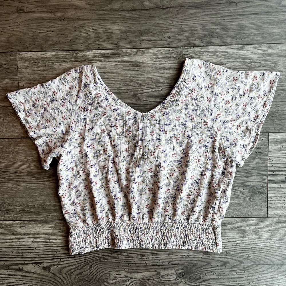 Paper Crane Ivory Floral Crinkle Blouse Short Sleeve Tie Back Wildflower XS